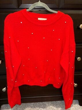 Chelsea & Violet Red Crewneck Sweater with Pearl Studs